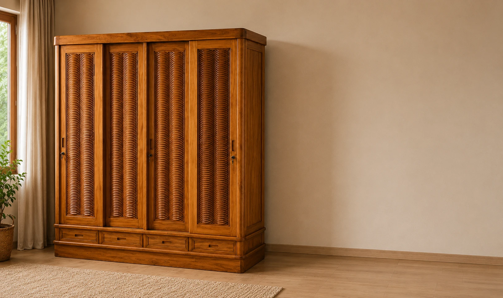 Bishopsgate wardrobe 5 swing doors & drawers in teak wood rose design