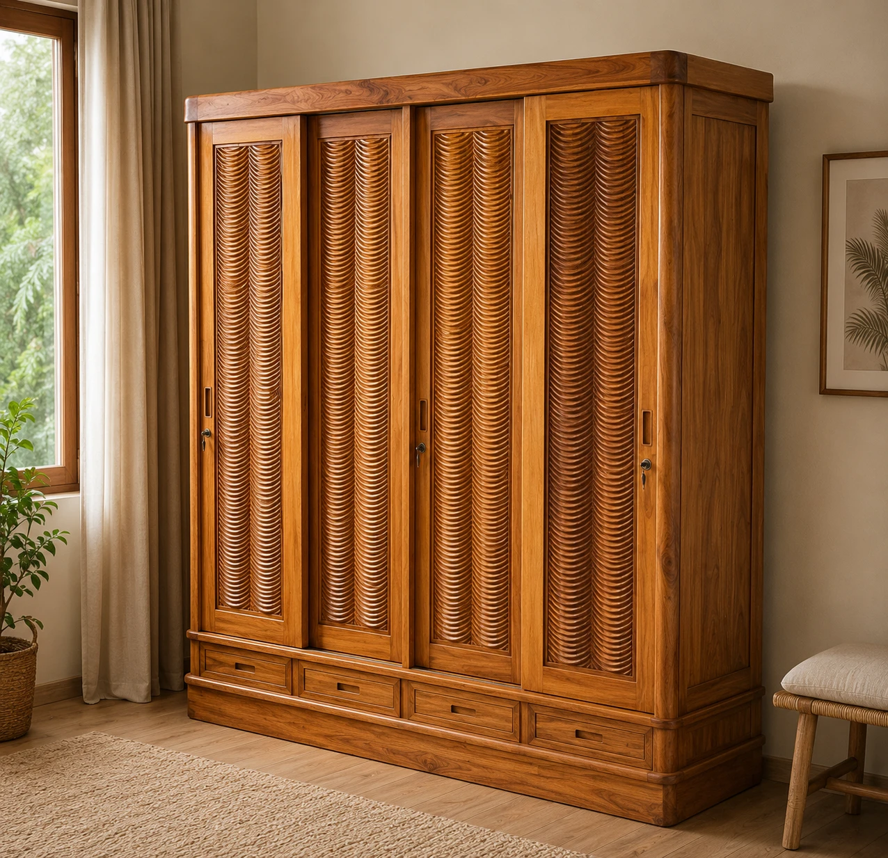 Bishopsgate wardrobe 5 swing doors & drawers in teak wood rose design