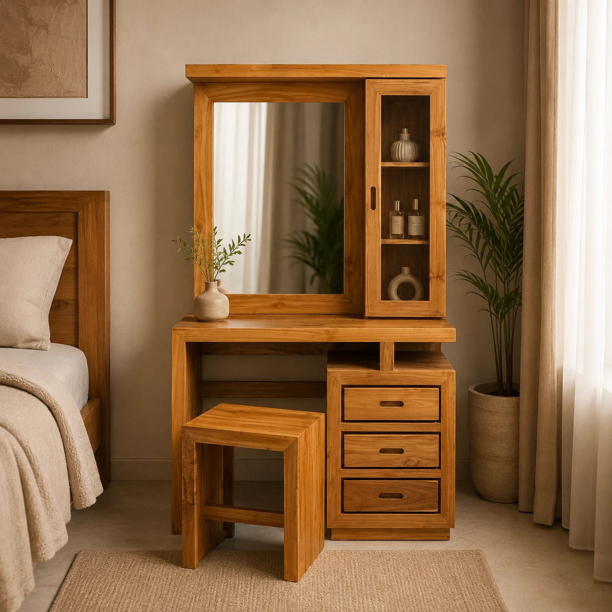 Dressing table Charing with close storage space with door and drawers in teak wood