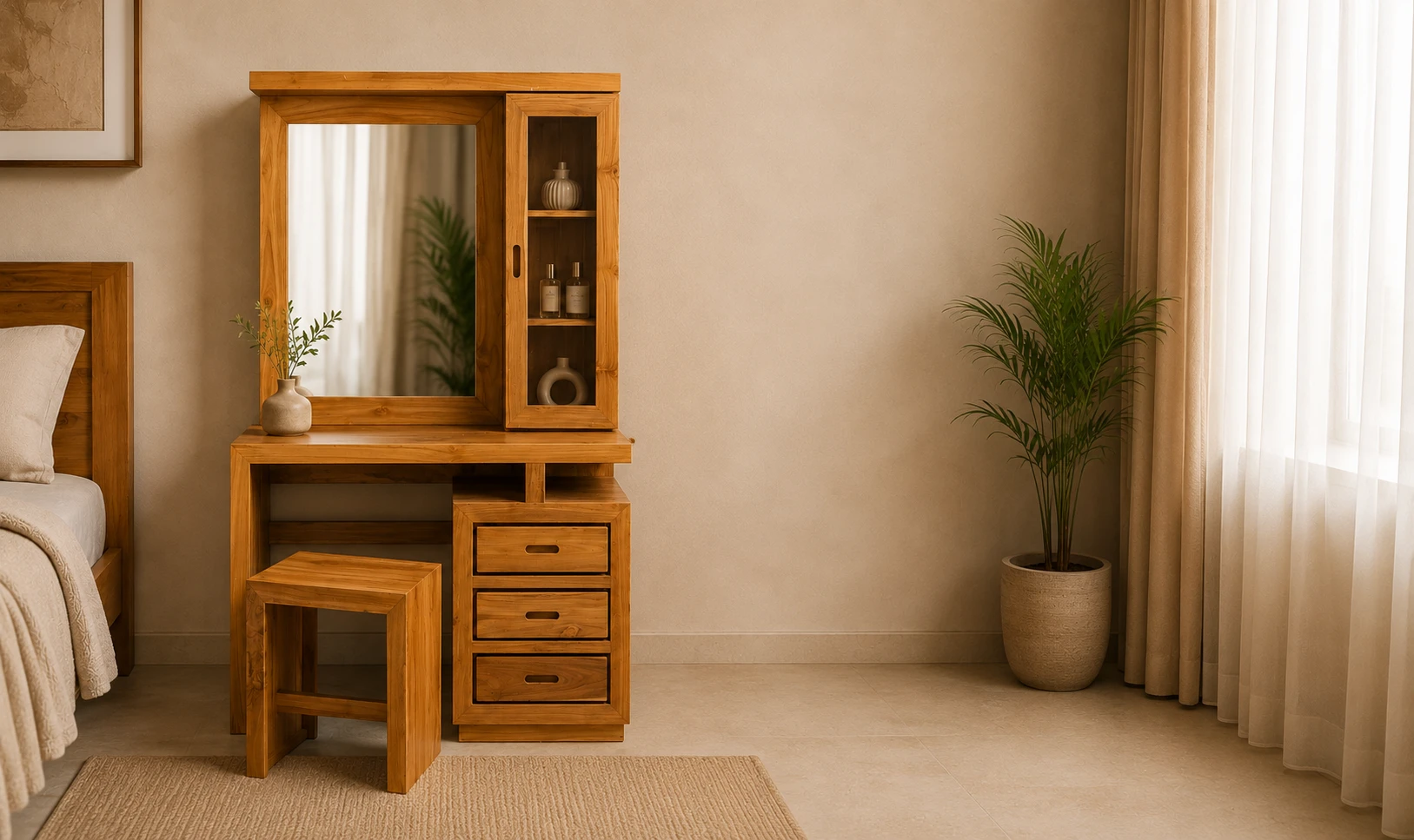 Dressing table Charing with close storage space with door and drawers in teak wood